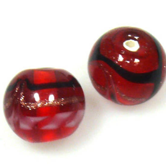 Indian Lampwork, round, transparent red with pink/gold/black designs