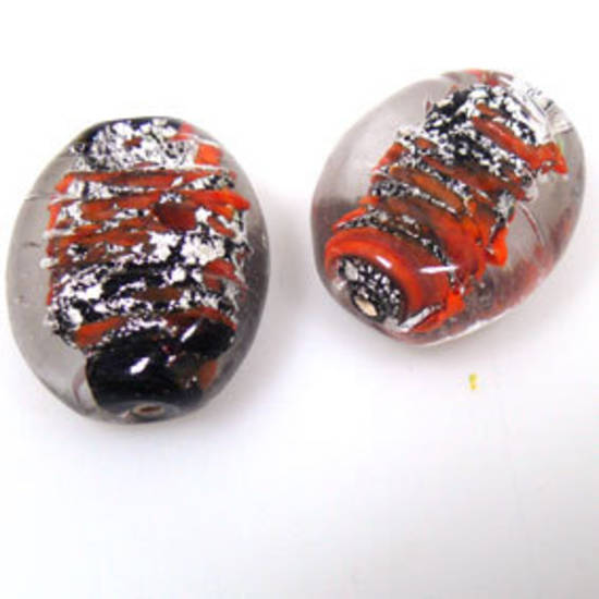 Indian Lampwork, flat oval, orange/black/silver foil core with transparent outer