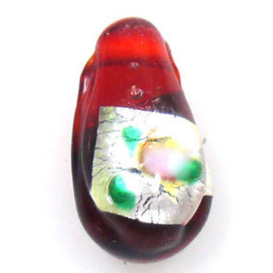 Indian Lampwork, drop, red with silver foil flower design