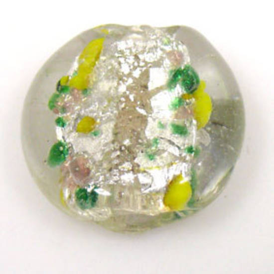 Indian Lampwork, flat disc, silver foil core with yellow and green splotches, trasparent outer