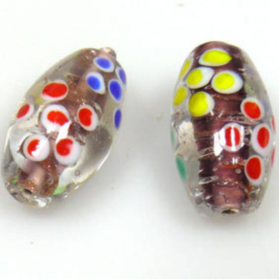 Indian Lampwork, oval, transparent with light amethyst core, red, blue, green, yellow flower pattern