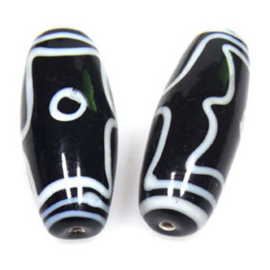 Indian Lampwork Oval (14 x 30mm): Black with white Aztec like markings
