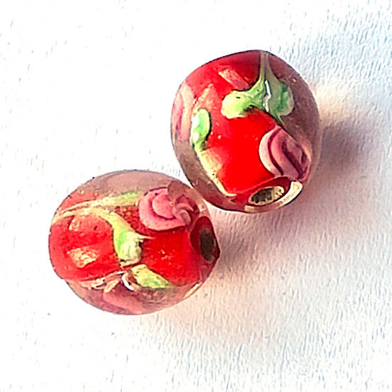 Indian Lampwork Round: Red core with pink and green flower pattern (approx.15mm x 13mm)