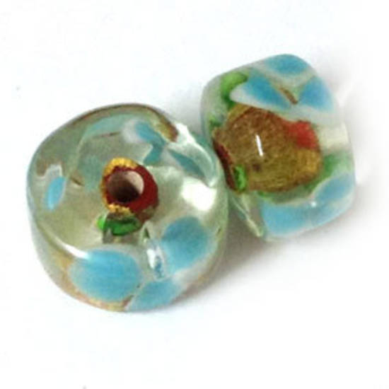 Chinese lampwork short barrel, transparent with red and  gold foil core, aqua flowers
