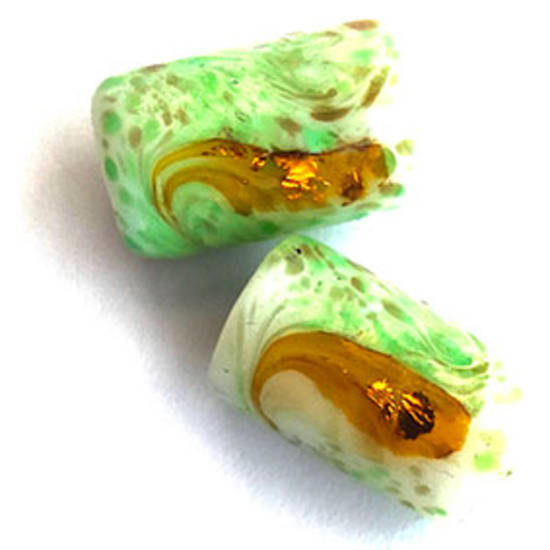 Chinese Lampwork Barrel (12mm x 20mm): Opaque white/green, gold foil swirls