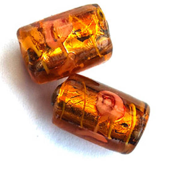 Chinese Lampwork Barrel (10mm x 14mm): Transparent Dk Amber, gold foil core, pink flowers