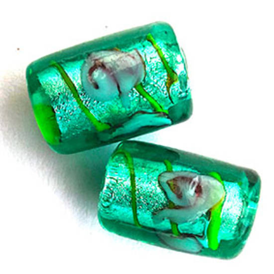 Chinese Lampwork Barrel (10mm x 14mm): Emerald, silver foil core, pink flowers