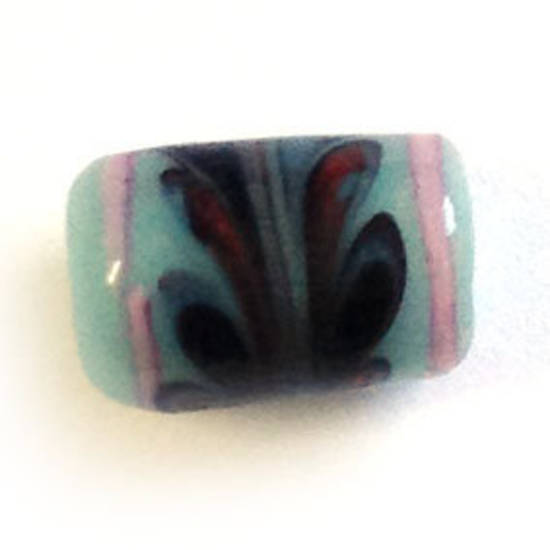 Chinese lampwork barrel, opaque grungy blue with black and pink feather markings