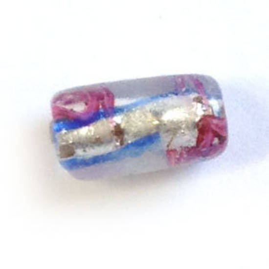 Chinese lampwork barrel, transparent with silver foil core, blue stripes and pink flowers
