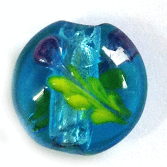 Chinese Lampwork Cushion, transparent aqua with silver foil center, flower and leaf design
