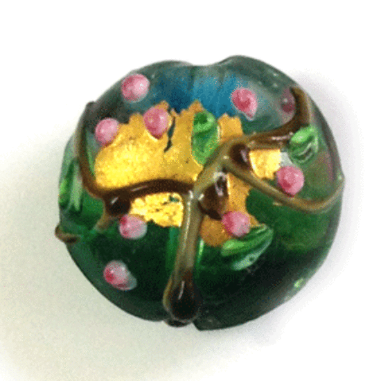 Chinese Lampwork Cushion: 20mm - transparent green and blue with raised flowers and vines