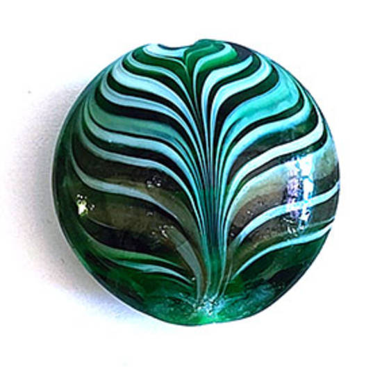 Indian Lampwork Cushion: 28mm - Green with white/gold feathered pattern