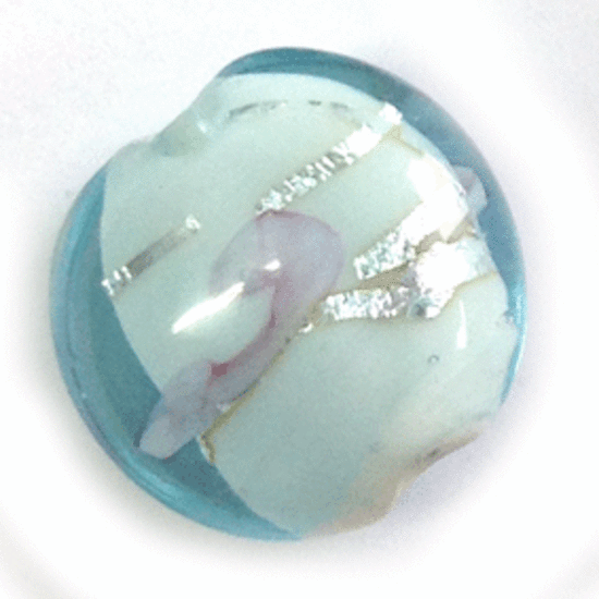 Chinese Lampwork Cushion, Transparent Aqua with white center, pink and silver markings