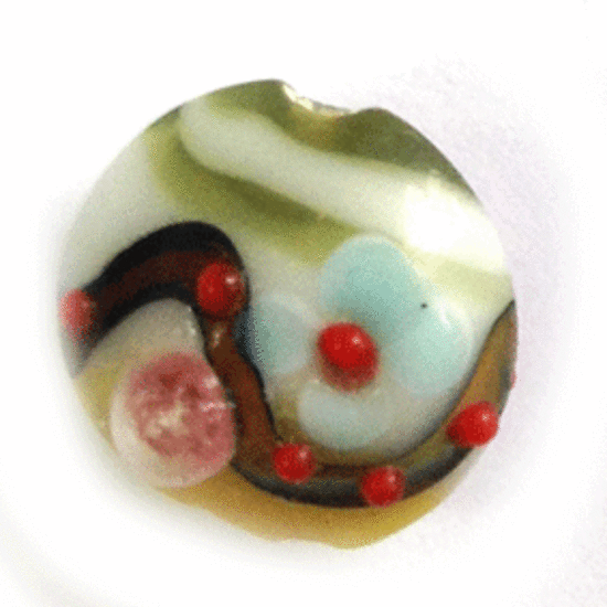 Chinese Lampwork Cushion (18mm):  Opaque yellow/white green with raised design