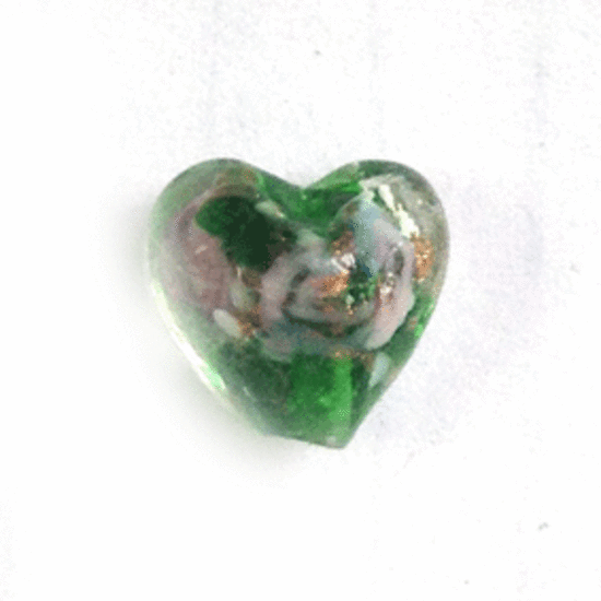 Chinese lampwork heart, transparent green with  pink flowers