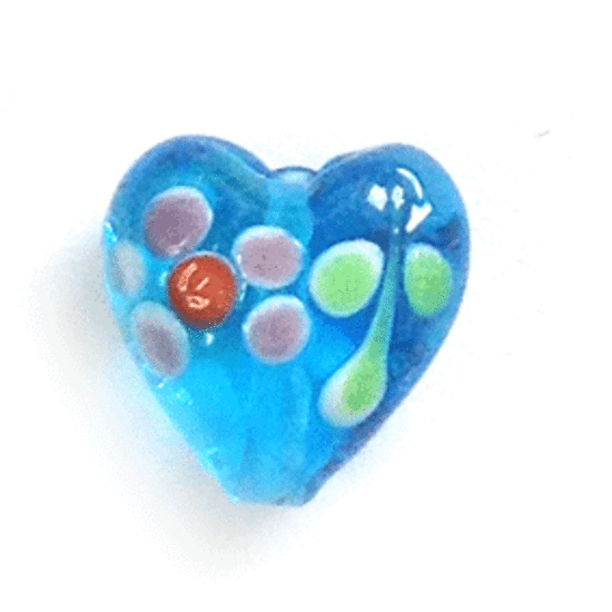 Chinese lampwork heart, transparent aqua blue with purple flowers