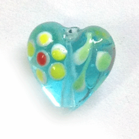 Chinese lampwork heart, transparent light aqua with yellow flowers