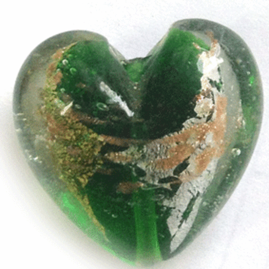 Chinese lampwork heart, transparent clear and green with silver and gold foil