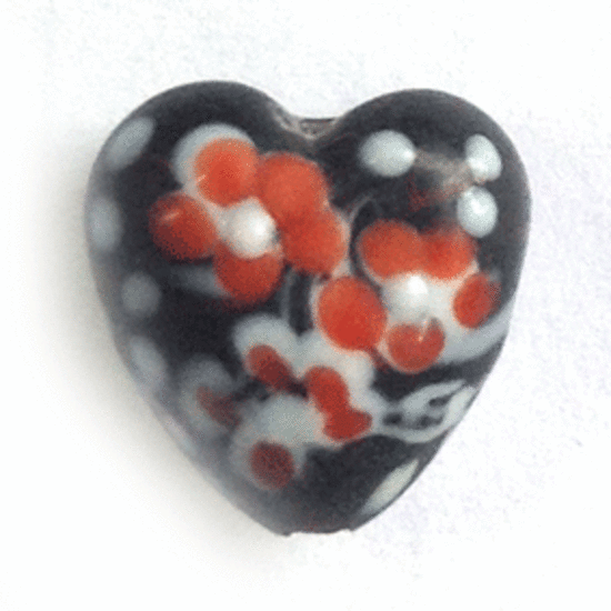 Chinese lampwork heart, opaque black with red and white spots