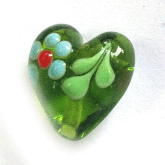 Chinese lampwork heart, transparent green with aqua and pink flowers