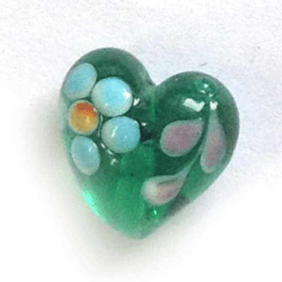 Chinese lampwork heart, transparent teal with aqua and pink flowers