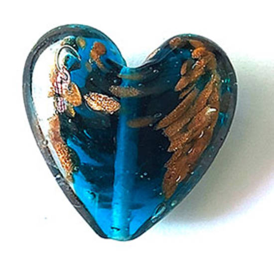 Chinese lampwork heart: 36mm -  transparent teal with gold flecks