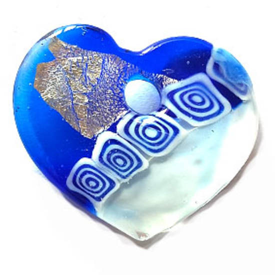Chinese Lampwork Heart Pendant: 42mm - blue and white