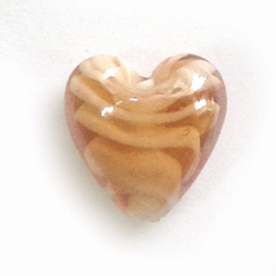 Chinese lampwork heart: 14mm, transparent amber with  white swirls