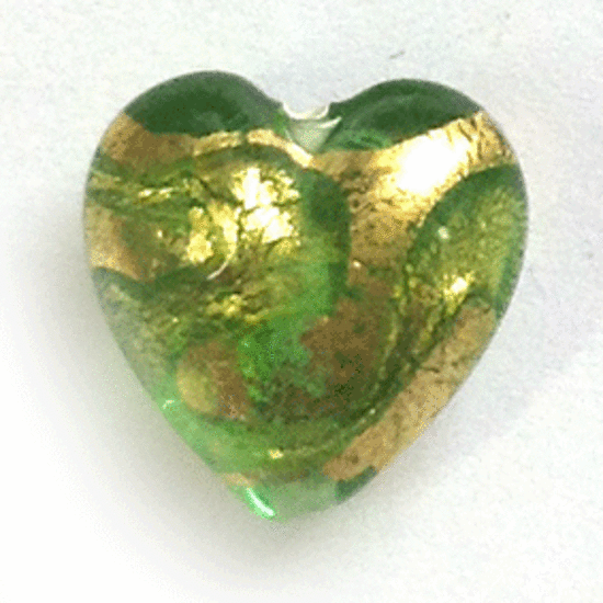 Chinese lampwork heart, transparent green with gold foil swirls