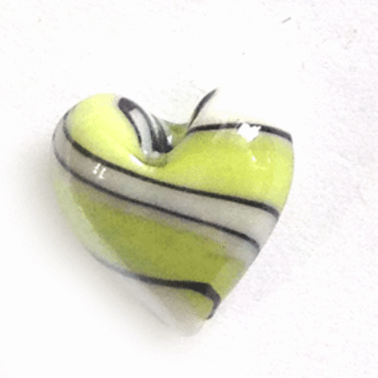Chinese lampwork heart, shiny opaque green, white, black