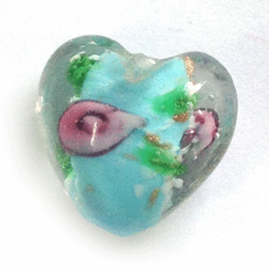 Chinese lampwork heart, clear with aqua core and pink flowers