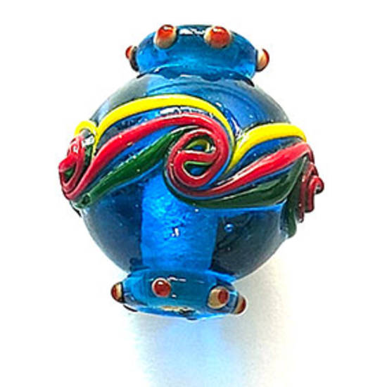 Indian Lampwork Bead (21 x 37 x 10mm):  Deep Aqua Lantern Bead with swirled patterns - approx. 24x 26mm