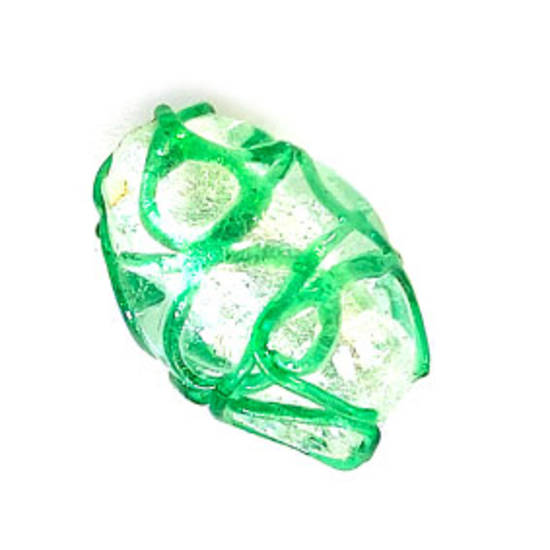 Chinese Lampwork Oval: 16mm x 12mm -  Silver foil with green squiggles