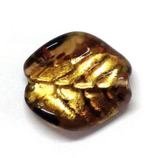 Czech lampwork oval, brown with gold foil, leaf markings, twisted
