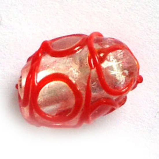Chinese Lampwork Oval, transparent with silver foil core and red swirls