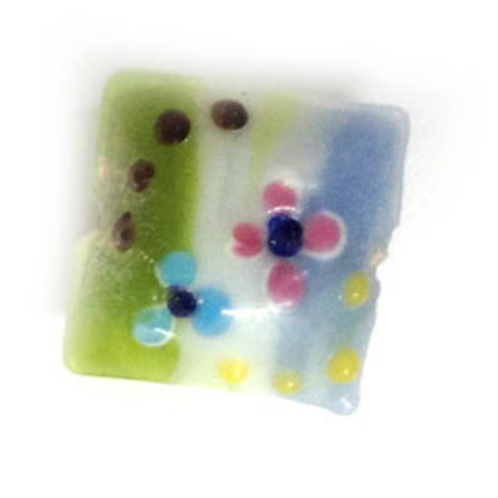 Chinese lampwork square cushion, green/white/blue  with pink flowers