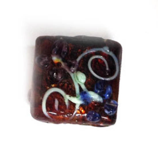 Chinese Lampwork square, dark amber with mint swirls and flower decorations
