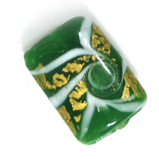 Chinese lampwork rectangle, green with gold and white designs