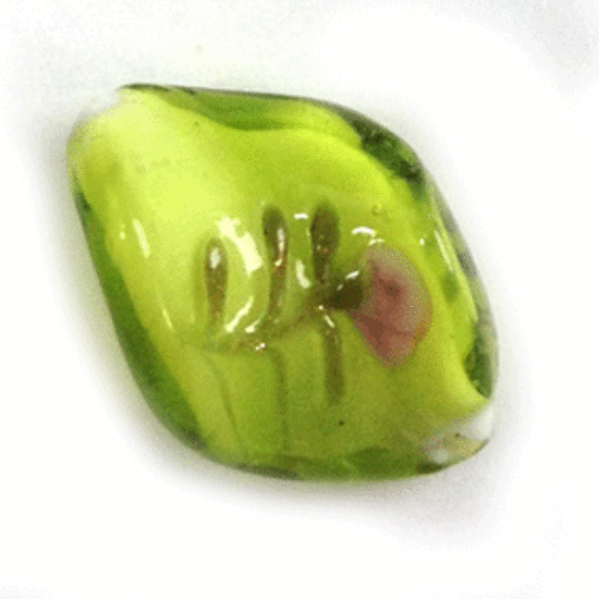 Chinese Lampwork Twist (16 x 20mm): Lime green/clear with pink and gold flower