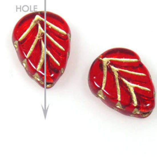 Glass Triangle Leaf, 8mm x 10mm - Red with gold detail