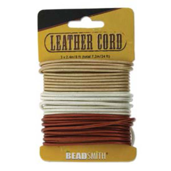 2mm leather cord: assorted colour card, 3 x 2.4m lengths. Metallic sheen.