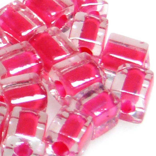 4mm Miyuki Square: 208 - Pink/Clear, colour lined