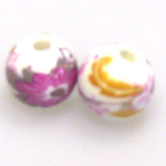 Porcelain Round Bead, 9mm. Teal, yellow and green flower and leaf pattern.