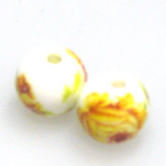 Porcelain Round Bead, 9mm. Yellow  and green flower and leaf pattern.