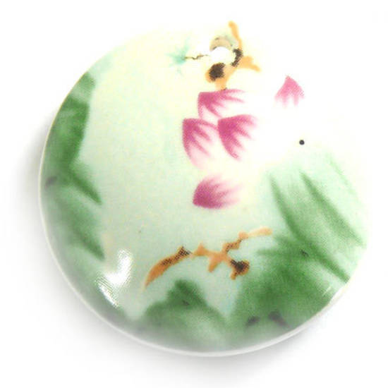 Large Porcelain Disc with domed middle,  40mm, flower and bird pattern