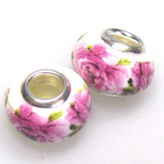 Pandora Style Porcelain Bead, Pink and Green Roses