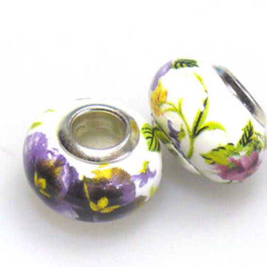 Pandora Style Porcelain Bead, Purple, Pink, Yellow and Green Floral