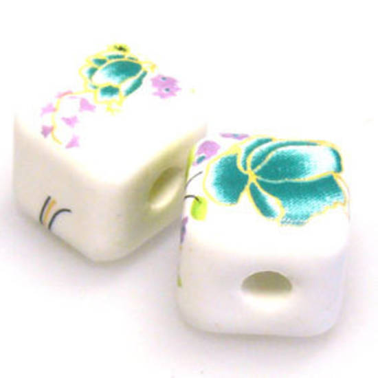 Porcelain Cube, 12mm, teal, priple and green floral