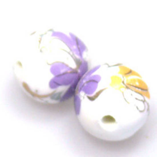 Porcelain Round Bead, 12mm. Violet, yellow, pink flower and leaf pattern with gilt detail