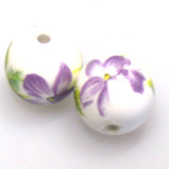 Porcelain Round Bead, 12mm. Violet and green flower and leaf pattern.